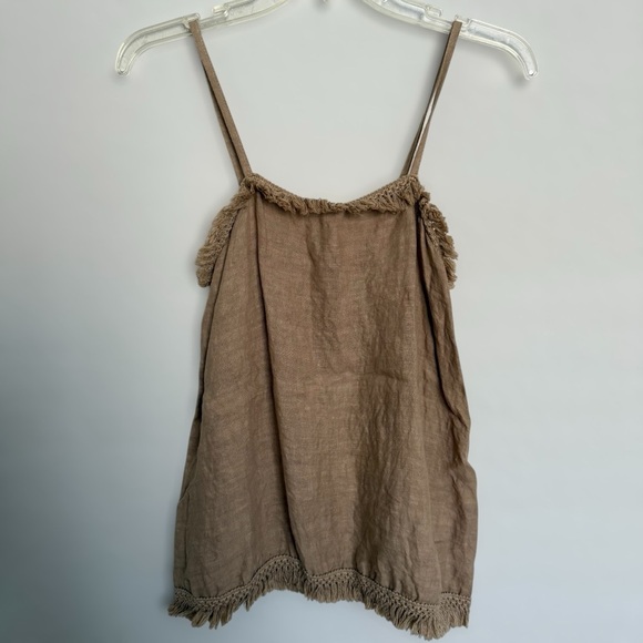 Francesca Bettini Tan Linen Fringe Trim Tank Top Size M Made in Italy Coastal - Picture 2 of 5